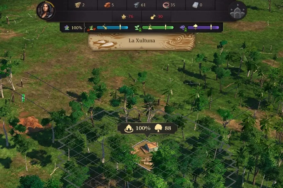 A lumberjack with many trees in his working area in Anno 1800's scenario Eden Burning