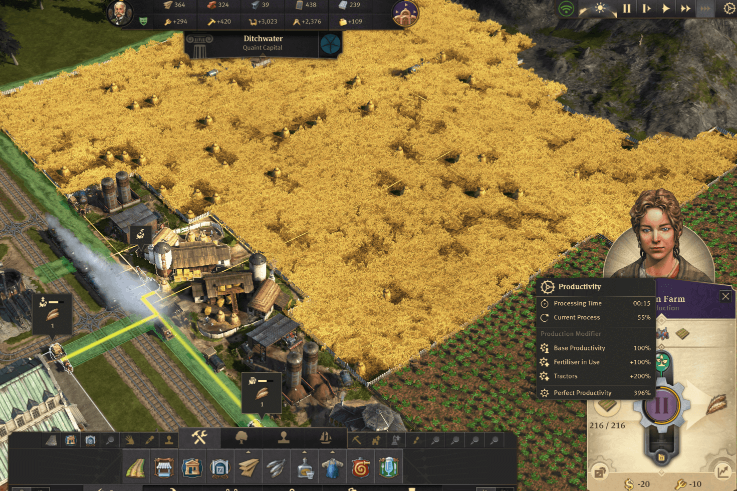 Grain Farm in the Old World with +300% productivity bonus due to active Fertilizer Silo and Tractor Barn.